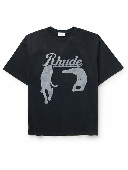RHUDE Black Cat Logo-Print Cotton-Jersey T-Shirt in Black Medium